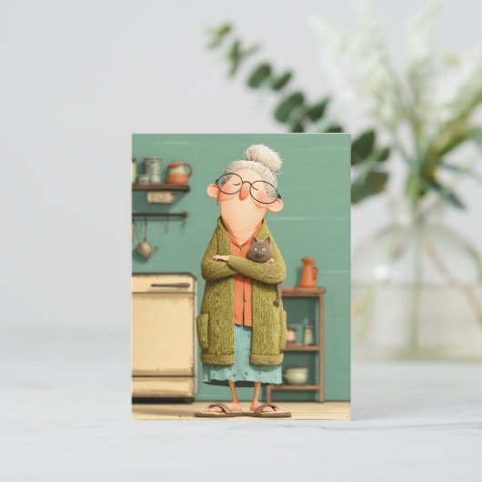 Charmante oma en haar kat feestdagenkaart (Staand voorkant)