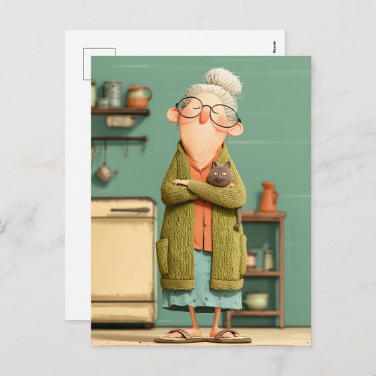 Charmante oma en haar kat feestdagenkaart (Voorkant / Achterkant)