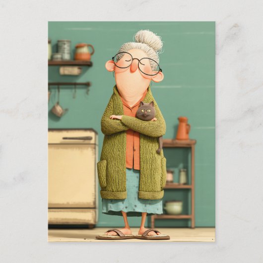 Charmante oma en haar kat feestdagenkaart (Voorkant)