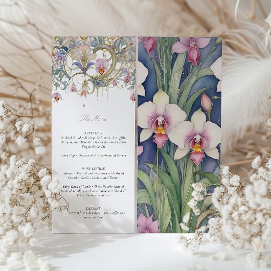 Charmante Orchideeën Trouwmenu Delicate Pastel Kaart