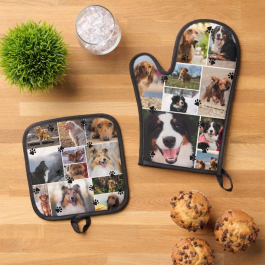 Charmante Pawprints Pet Photo Collage Sjabloon Ovenwant & Pannenlap Set (Top down)
