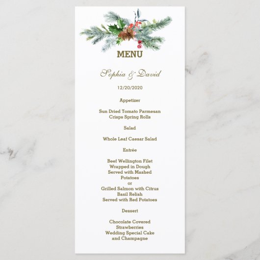 Charmante Pine Cone Berry Kerstmis Bruiloft Menu (Achterkant)