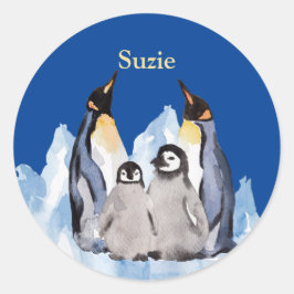 Charmante Pinguïn Familie met Naam op Rich Blue Cl Ronde Sticker