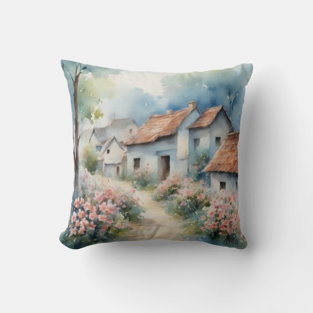 Charmante Platteland Lente Waterverf Bloem Kussen (Voorkant)