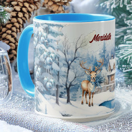 Charmante rendieren in het winterwonderland met na mok