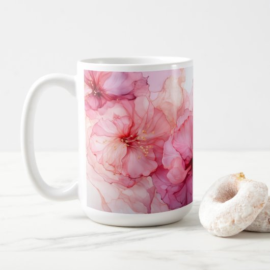 Charmante Roze Bloemen Mok voor koffie en thee (Met donut)