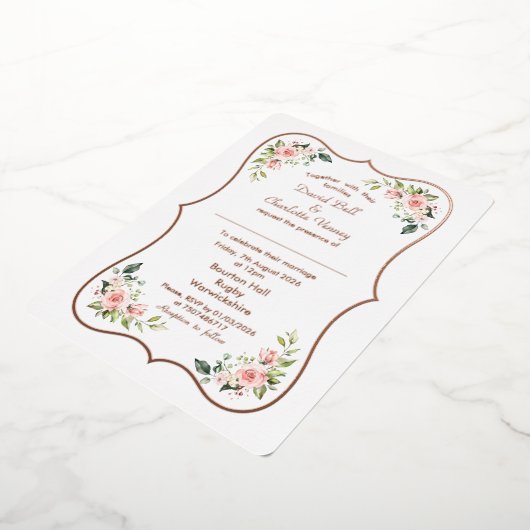 Charmante Roze Bloemen Roos Goud Lijst bruiloft Folie Uitnodiging (Gedraaid)