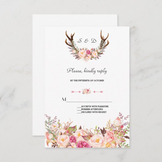 Charmante Roze Blush Bloemgewei bruiloft RSVP (Voorkant / Achterkant)