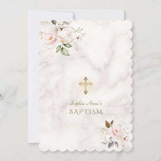 Charmante roze blush gouden bloemen marmeren doop kaart (Achterkant)