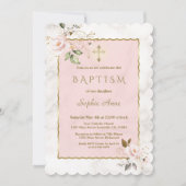 Charmante roze blush gouden bloemen marmeren doop kaart (Voorkant)