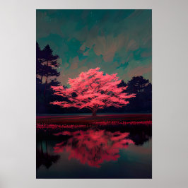 Charmante Roze Boom bij het Reflecterende Meer Poster