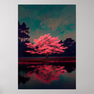 Charmante Roze Boom bij het Reflecterende Meer Poster