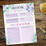 Charmante roze Paarse Waterverf bloemenboek Review Notitieblok<br><div class="desc">Laat je literaire inzichten zien met dit prachtige, aanpasbare boek review notitieblok. Omzoomd door een charmante bloemenprint, is dit notitieblok een mix van functionaliteit en esthetiek. De print is voorzien van een scala aan bloeiende bloemen en weelderige bladeren, die een vleugje natuur toevoegen aan uw leesreflecties. Het notitieblok is opgebouwd...</div>