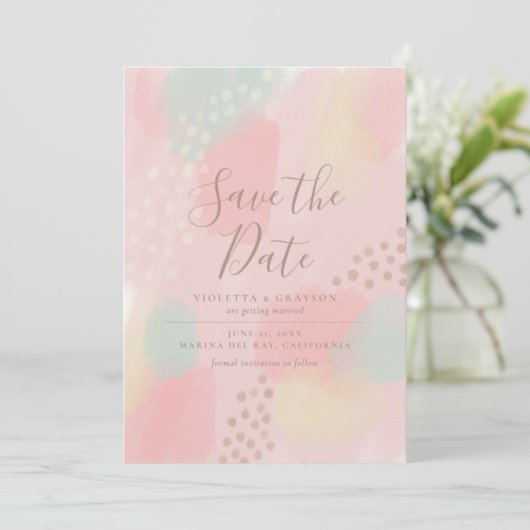 Charmante roze pastel Abstracte kunst bruiloft Save The Date (Staand voorkant)