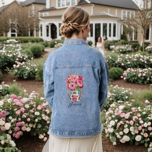 Charmante roze rozen sprookje theepot huisje denim jacket (Huwelijk Achterkant)