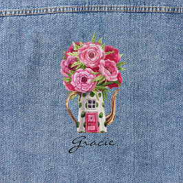 Charmante roze rozen sprookje theepot huisje denim jacket