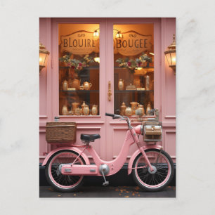 Charmante Roze Storefront met  Bromfiets Briefkaart