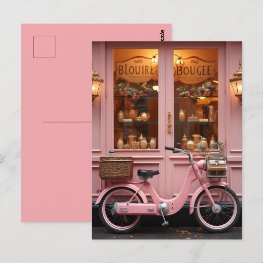 Charmante Roze Storefront met  Bromfiets Briefkaart (Voorkant / Achterkant)