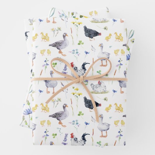 Charmante rustieke boerderij kippen bloemen inpakpapier vel (In situ)