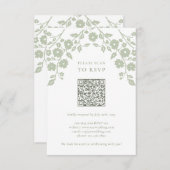 Charmante Sage Groene Folk Bloemen QR Code RSVP Kaartje (Voorkant / Achterkant)