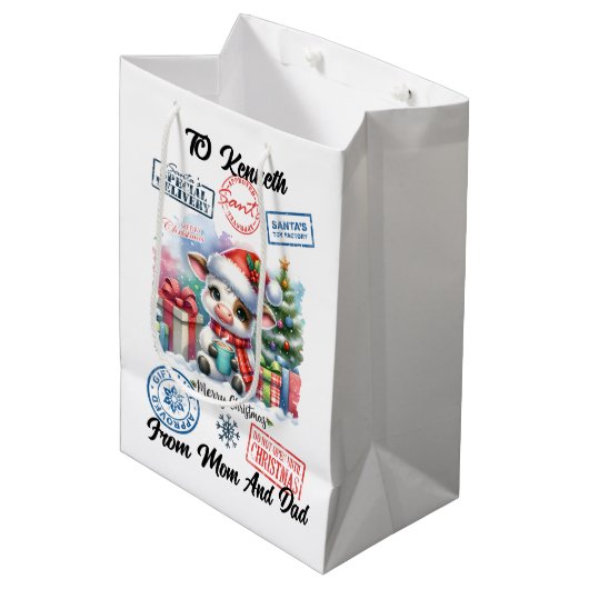 Charmante Santa Sack met feestelijke koe Medium Cadeauzakje (Voorkant Gekanteld)