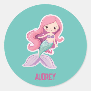 Charmante Schattigee Pastel Zeemeermin met Kinder Ronde Sticker
