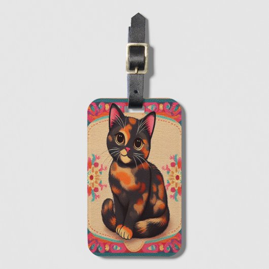 Charmante Schattigee Tortoiseshell Kat Vibrant Bor Bagagelabel (Voorkant (verticaal))