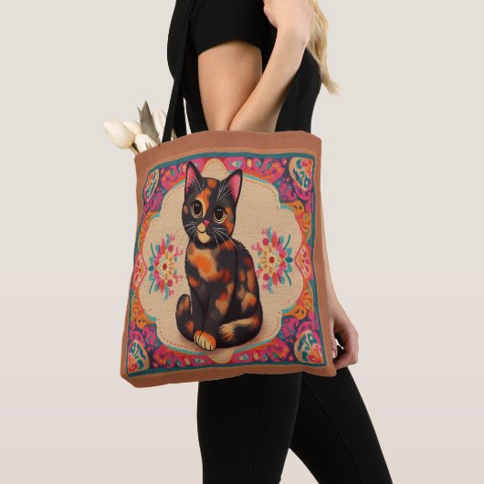 Charmante Schattigee Tortoiseshell Kat Vibrant Bor Tote Bag (Dichtbij)