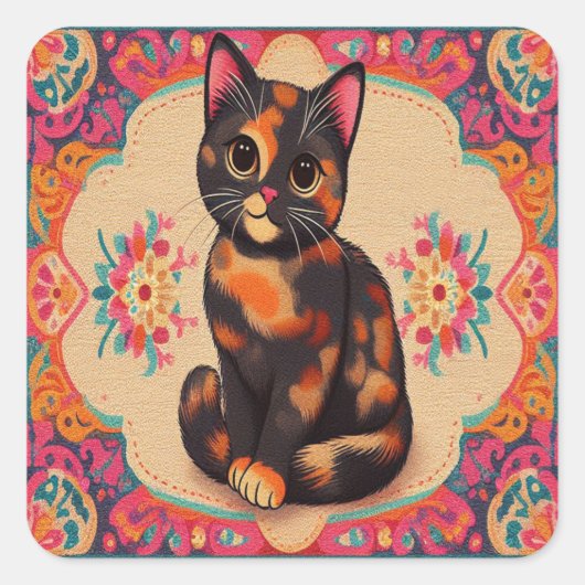 Charmante Schattigee Tortoiseshell Kat Vibrant Bor Vierkante Sticker (Voorkant)