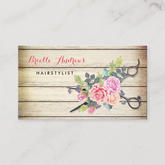Charmante schuur Hout Schaar en Rozen Haarstylist Visitekaartje (Voorkant)
