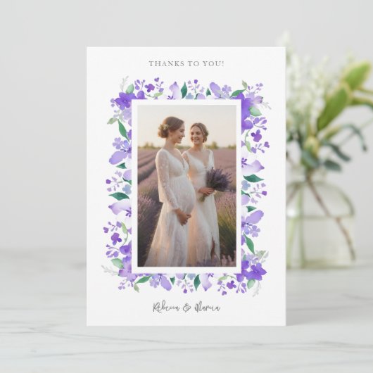 Charmante sierlijke bloemeneigentijdse Lila foto Bedankkaart (Staand voorkant)
