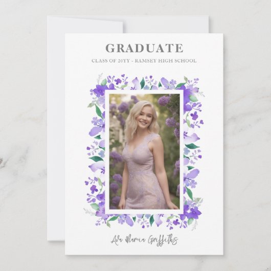 Charmante sierlijke bloemige Afstuderen Lila foto Kaart (Voorkant)