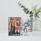 Charmante Sneeuwman Waterverf Winter Forest Foto Feestdagenkaart (Staand voorkant)