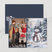 Charmante Sneeuwman Waterverf Winter Forest Foto Feestdagenkaart (Voorkant / Achterkant)