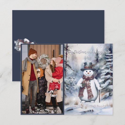 Charmante Sneeuwman Waterverf Winter Forest Foto Feestdagenkaart (Voorkant / Achterkant)