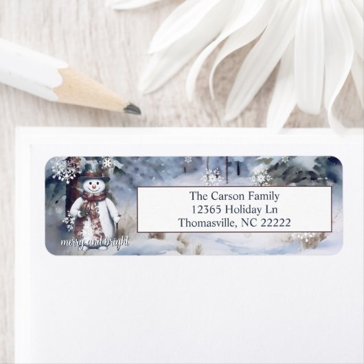 Charmante sneeuwman Waterverf winterbos adres Etiket (Insitu)