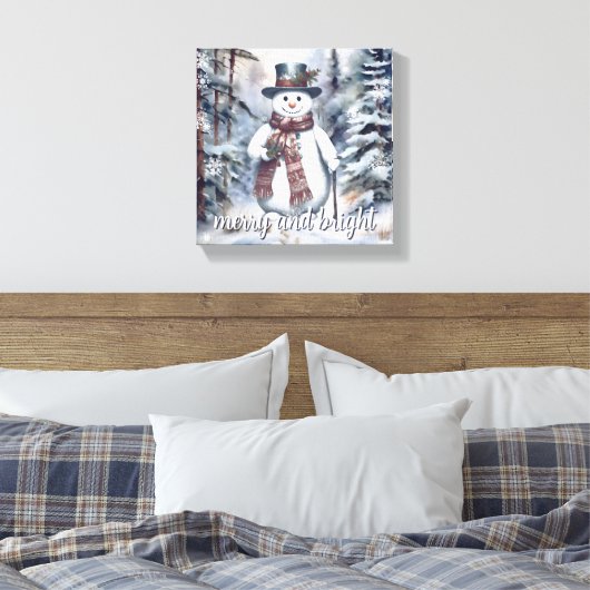 Charmante sneeuwman Waterverf winterbos Canvas Afdruk (Insitu (Slaapkamer))