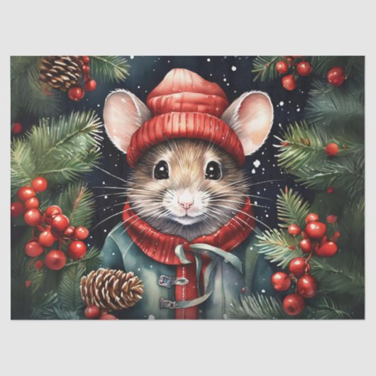 Charmante Snowy Mouse Kerstmis Decoupage Craft Pap Tissuepapier (Voorkant)