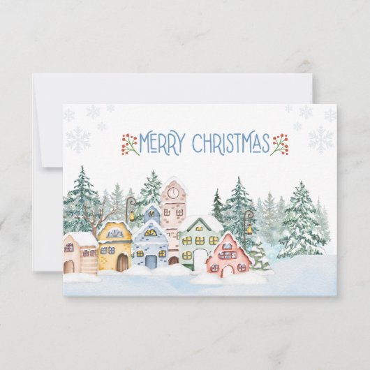 Charmante Snowy Village Waterverf Kerst Bedankkaart (Voorkant)