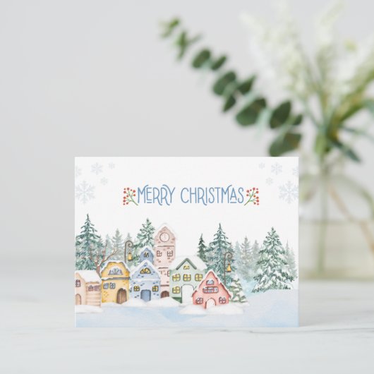 Charmante Snowy Village Waterverf Kerst Briefkaart (Staand voorkant)