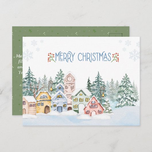 Charmante Snowy Village Waterverf Kerst Briefkaart (Voorkant / Achterkant)