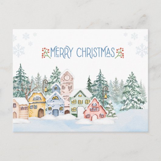 Charmante Snowy Village Waterverf Kerst Briefkaart (Voorkant)