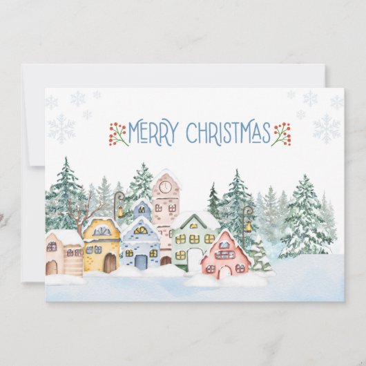 Charmante Snowy Village Waterverf Kerst Feestdagenkaart (Voorkant)