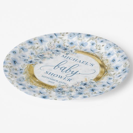 Charmante stoffige blauwe bloemen gouden jongen ba papieren bordje (Gekanteld)