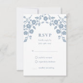 Charmante stoffige Blauwe Folk Bloemen Eenvoudige  RSVP Kaartje (Voorkant)