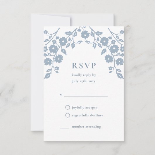 Charmante stoffige Blauwe Folk Bloemen Eenvoudige  RSVP Kaartje (Voorkant)