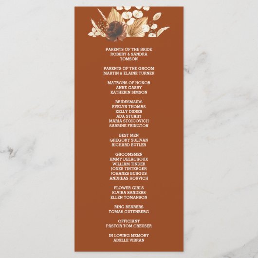 Charmante terracotta pampas gras bloemenbruiloft programmakaart (Achterkant)