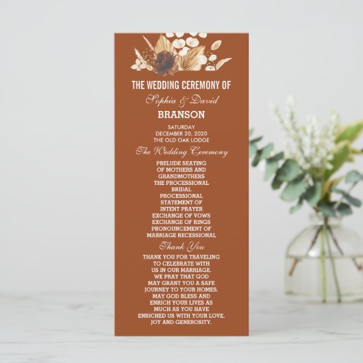 Charmante terracotta pampas gras bloemenbruiloft programmakaart (Staand voorkant)