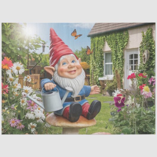 Charmante Tuin Gnome met Watering Can Tissuepapier (Voorkant)
