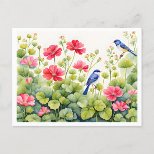 Charmante tuin scene, Bluebirds en roze bloemen Briefkaart